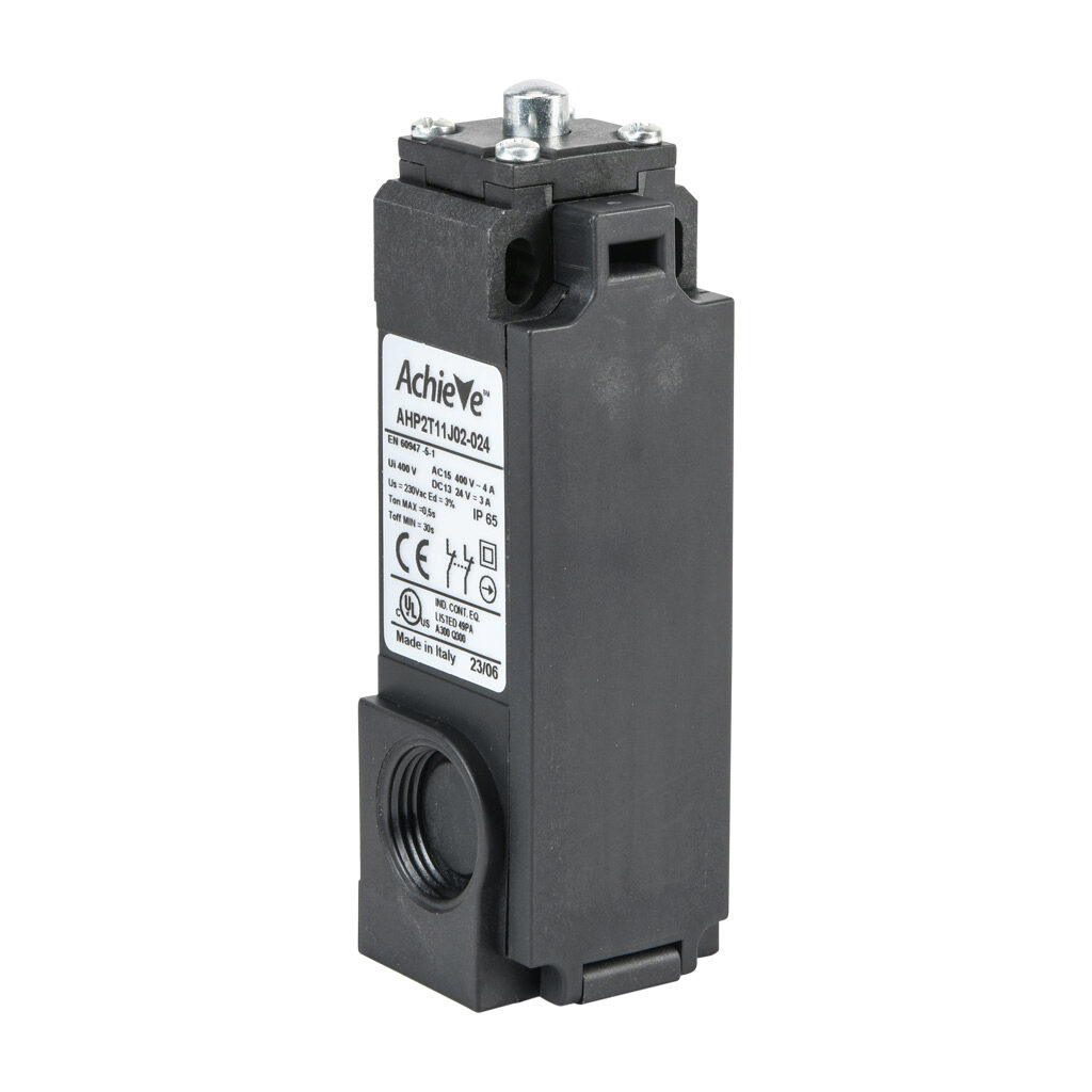 AHP2T11J02-024 - AchieVe IEC limit switch, metal plunger, 90-degree adjustable head, (2) N.C. contact(s), snap action, solenoid reset, 20-22mm hole spacing, plastic, (2) PG11 and (1) 1/2in NPT cable entries.