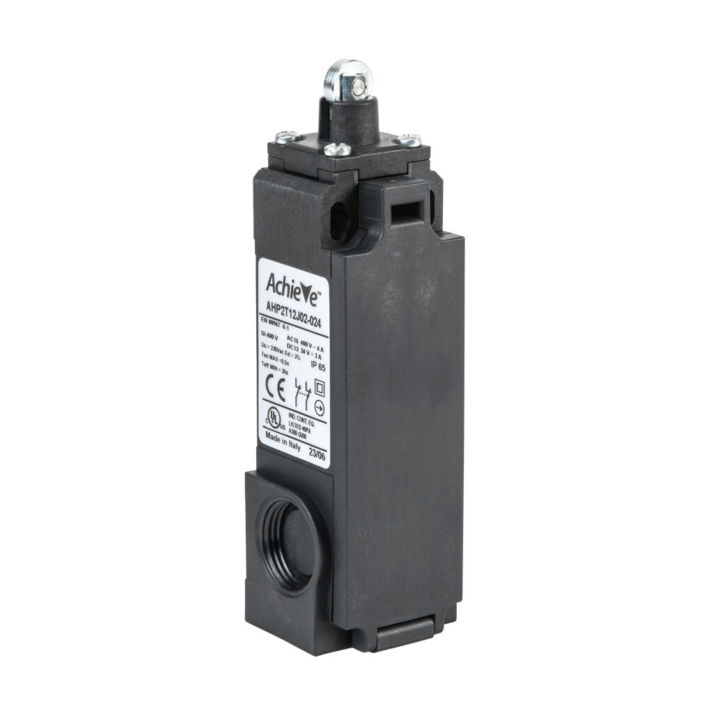 AHP2T12J02-024 - AchieVe IEC limit switch, metal plunger with metal roller, 90-degree adjustable head, (2) N.C. contact(s), snap action, solenoid reset, 20-22mm hole spacing, plastic, (2) PG11 and (1) 1/2in NPT cable entries.