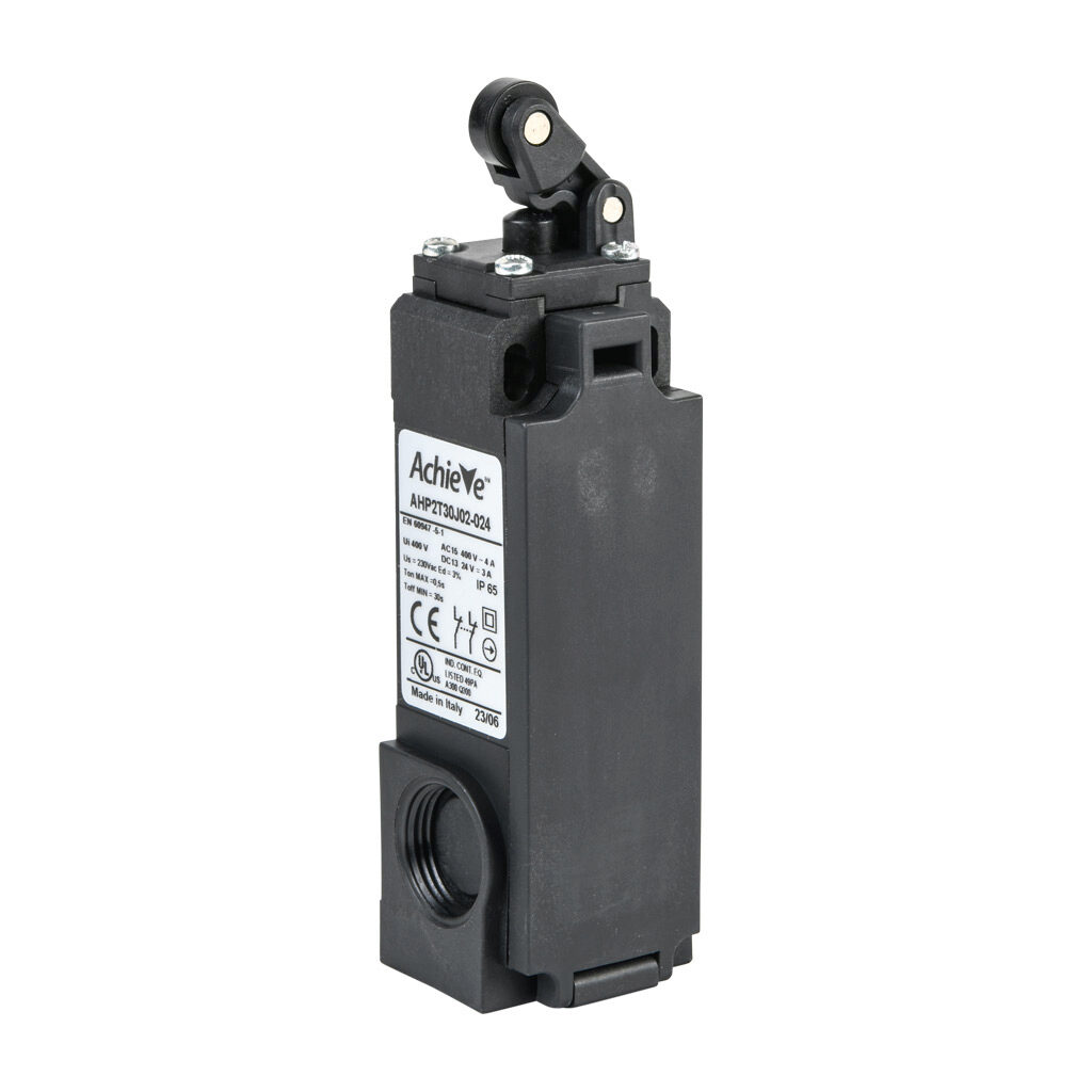 AHP2T30J02-024 - AchieVe IEC limit switch, one-way horizontal lever with 12.5mm plastic roller, 90-degree adjustable head, (2) N.C. contact(s), snap action, solenoid reset, 20-22mm hole spacing, plastic, (2) PG11 and (1) 1/2in NPT cable entries.