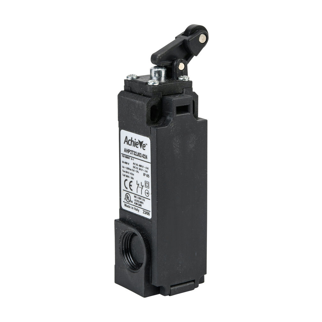 AHP2T32J02-024 - AchieVe IEC limit switch, one-way vertical lever with 12.5mm plastic roller, 90-degree adjustable head, (2) N.C. contact(s), snap action, solenoid reset, 20-22mm hole spacing, plastic, (2) PG11 and (1) 1/2in NPT cable entries.