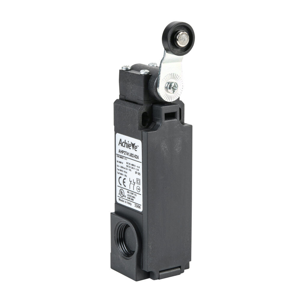 AHP2T41J02-024 - AchieVe IEC limit switch, side rotary lever with 18mm nylon roller, 90-degree adjustable head, (2) N.C. contact(s), snap action, solenoid reset, 20-22mm hole spacing, plastic, (2) PG11 and (1) 1/2in NPT cable entries.