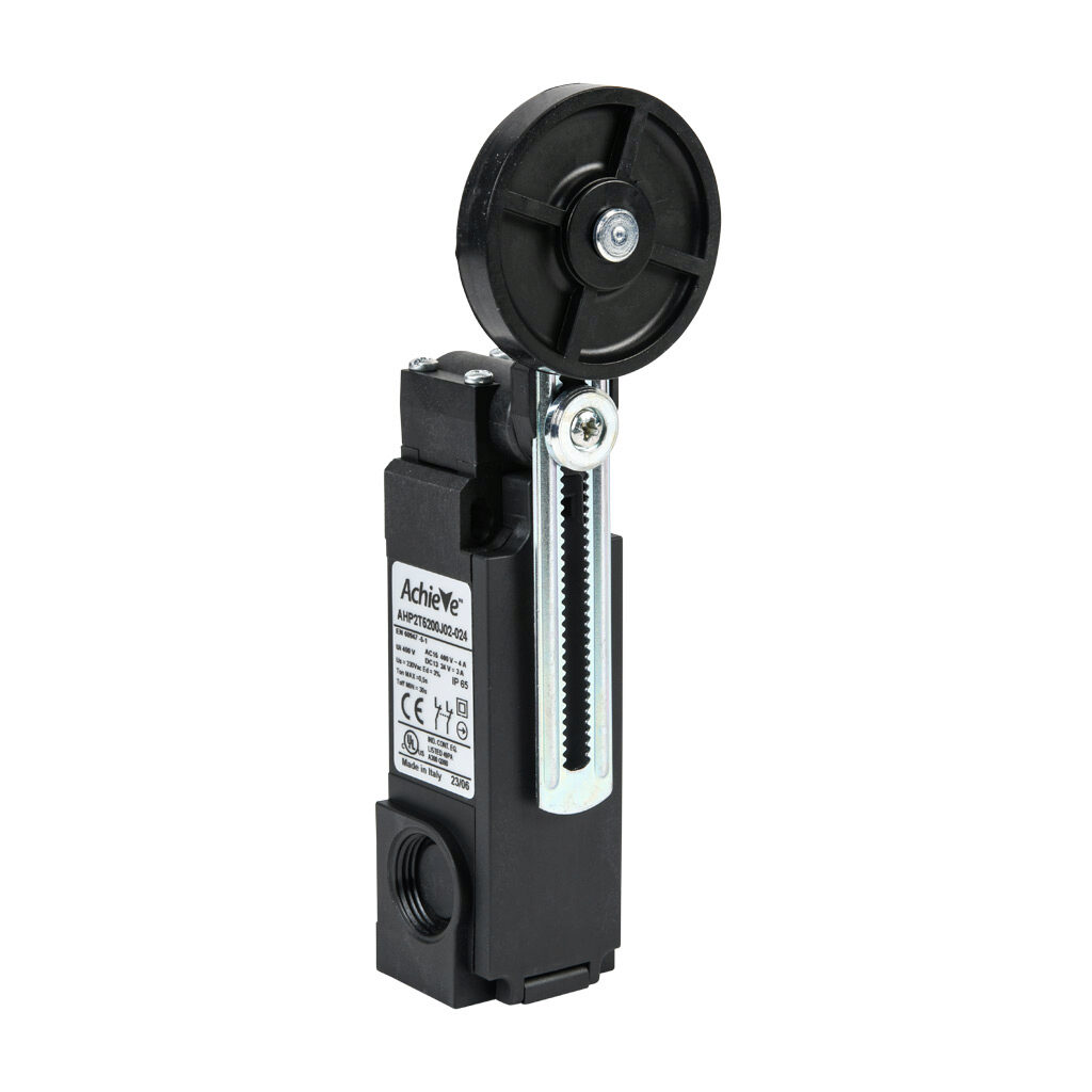 AHP2T5200J02-024 - AchieVe IEC limit switch, side rotary 2mm step adjustable lever with 50mm nylon roller, 90-degree adjustable head, (2) N.C. contact(s), snap action, solenoid reset, 20-22mm hole spacing, plastic, (2) PG11 and (1) 1/2in NPT cable...
