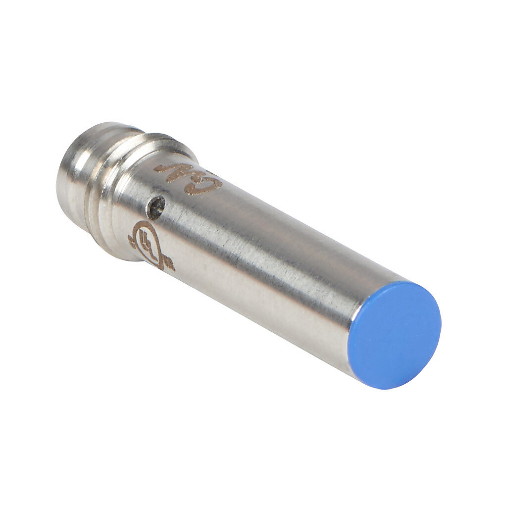 AHS-AP-1F - Micro Detectors inductive proximity sensor, tubular, 6.5mm diameter x 29.4mm body, stainless steel housing, PNP, N.O. output, 1.5mm sensing distance, flush, 7 kHz switching frequency, IP67, 3-pin M8 quick-disconnect.