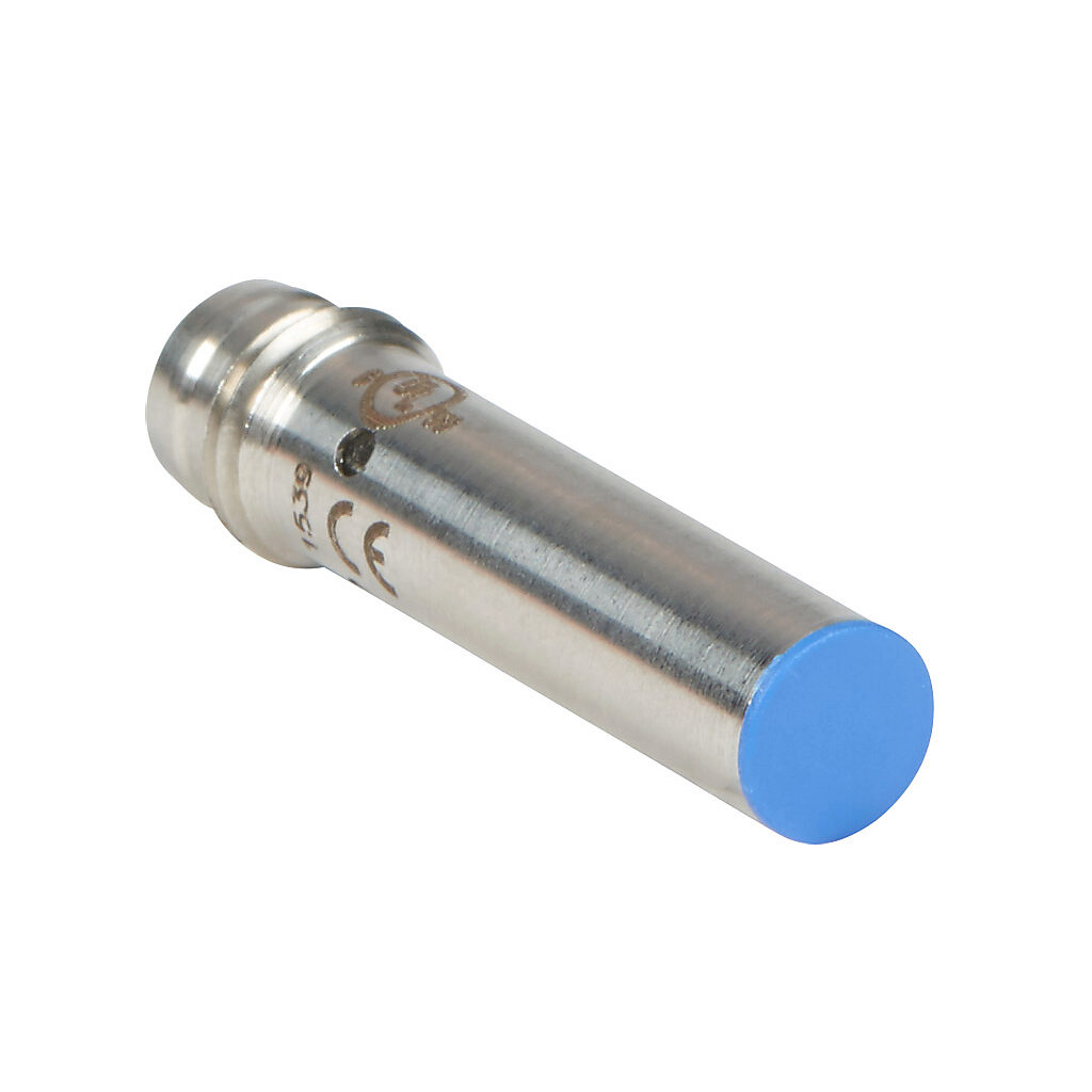 AHS-AP-3F - Micro Detectors inductive proximity sensor, tubular, 6.5mm diameter x 29.4mm body, stainless steel housing, PNP, N.O. output, 2mm sensing distance, flush, 7 kHz switching frequency, IP67, 3-pin M8 quick-disconnect.