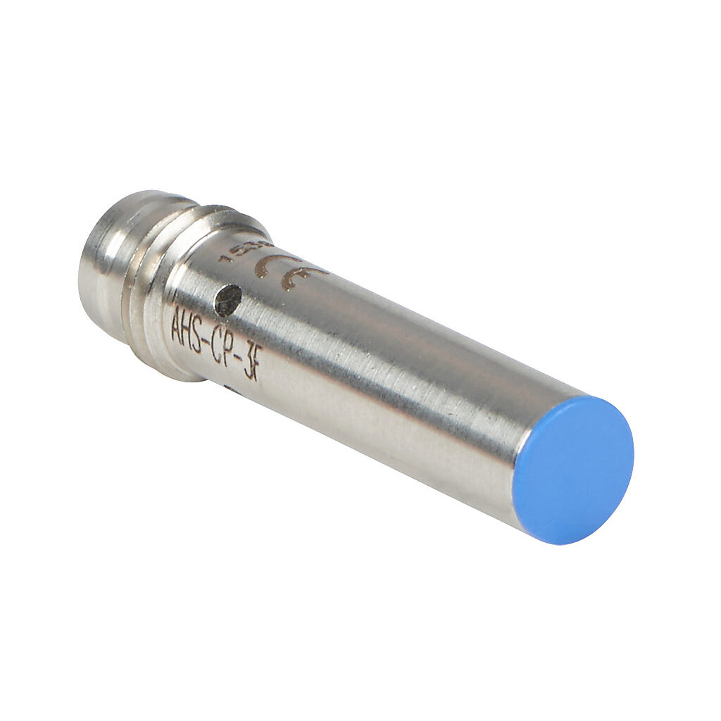 AHS-CP-3F - Micro Detectors inductive proximity sensor, tubular, 6.5mm diameter x 29.4mm body, stainless steel housing, PNP, N.C. output, 2mm sensing distance, flush, 7 kHz switching frequency, IP67, 3-pin M8 quick-disconnect.