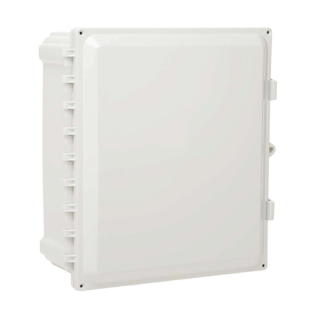 AHWD14126 - AttaBox Heartland series enclosure, with shelf, NEMA 1/3R/4/4X/12, 14 x 12 x 6in (HxWxD), wall mount, polycarbonate, Pantone 7541 C light gray, single-door, polycarbonate quick-release latch, molded hasp.