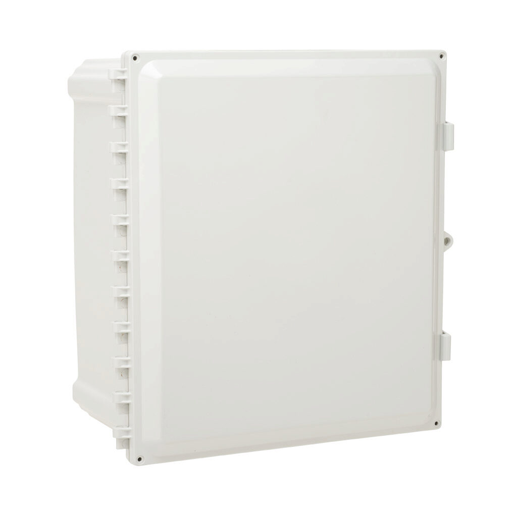 AHWD16148 - AttaBox Heartland series enclosure, with shelf, NEMA 1/3R/4/4X/12, 16 x 14 x 8in (HxWxD), wall mount, polycarbonate, Pantone 7541 C light gray, single-door, polycarbonate quick-release latch, molded hasp.