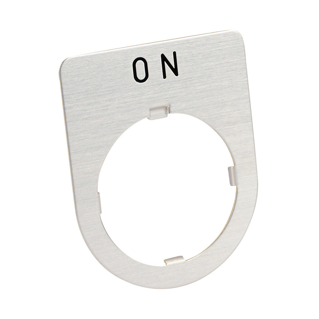 AHX177-0A - Fuji Electric legend plate, brass, rectangular, silver field, silver background, black engraved text, legend plate marking "ON". For use with 30mm pilot devices.
