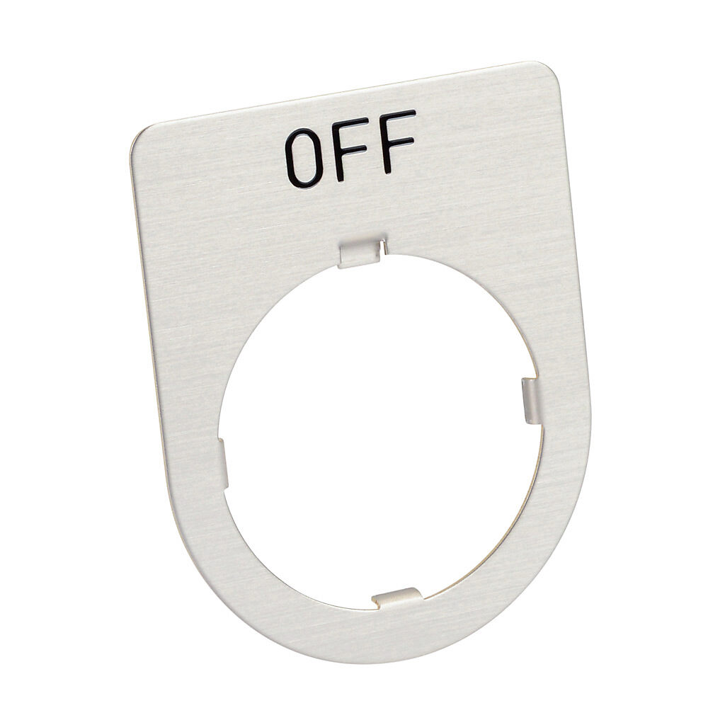 AHX177-0B - Fuji Electric legend plate, brass, rectangular, silver field, silver background, black engraved text, legend plate marking "OFF". For use with 30mm pilot devices.