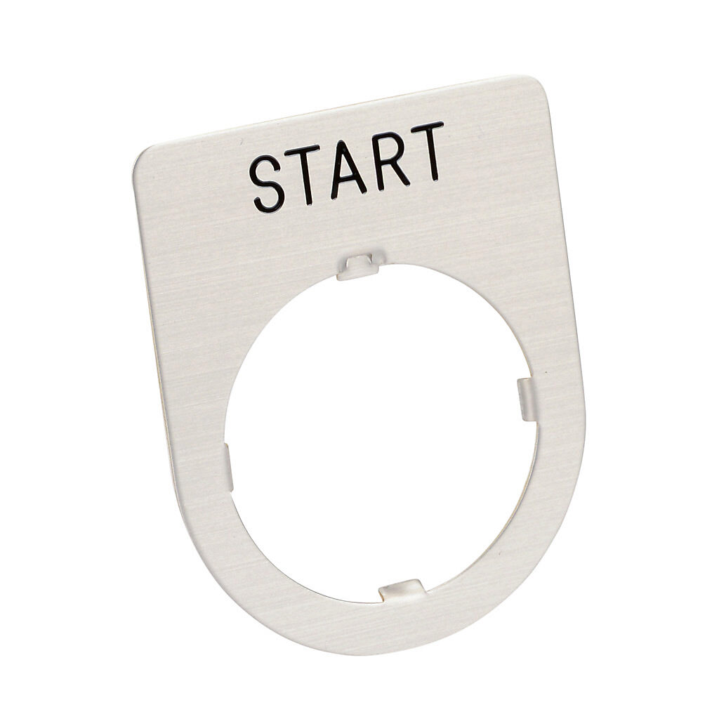 AHX177-0C - Fuji Electric legend plate, brass, rectangular, silver field, silver background, black engraved text, legend plate marking "START". For use with 30mm pilot devices.