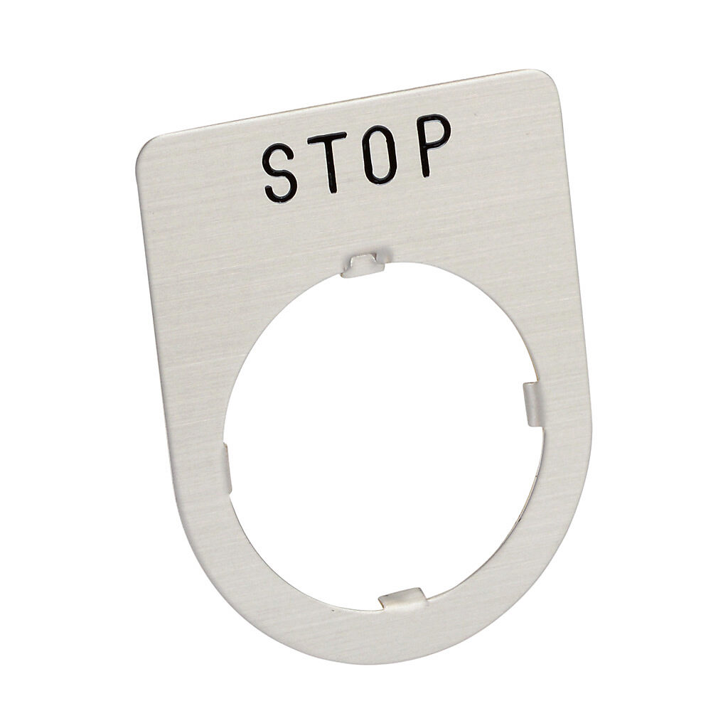 AHX177-0D - Fuji Electric legend plate, brass, rectangular, silver field, silver background, black engraved text, legend plate marking "STOP". For use with 30mm pilot devices.