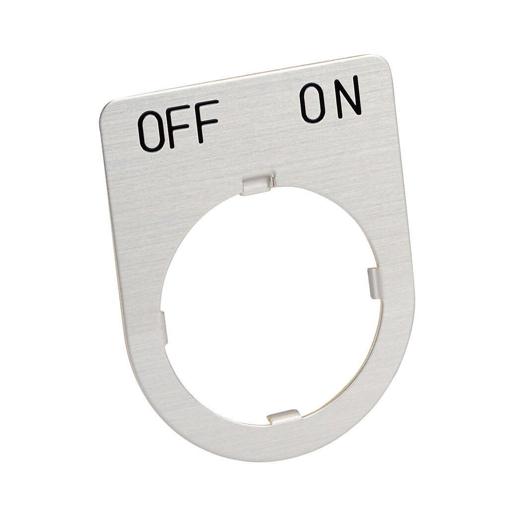 AHX177-2A - Fuji Electric legend plate, brass, rectangular, silver field, silver background, black engraved text, legend plate marking "OFF-ON". For use with 30mm pilot devices.