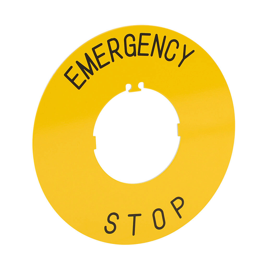AHX720-5A - Fuji Electric oversized legend plate, aluminum, round, yellow field, yellow background, black engraved text, legend plate marking "EMERGENCY STOP". For use with 30mm pilot devices.