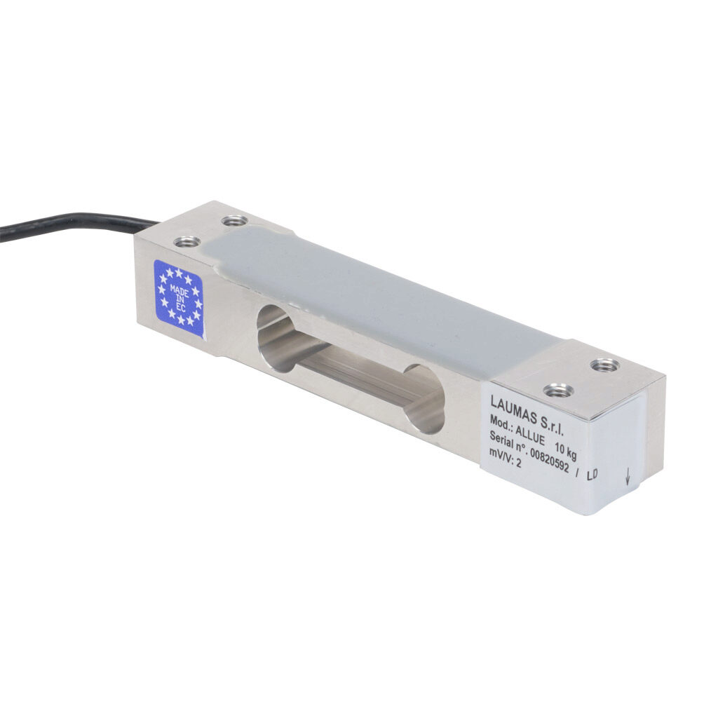 ALLUE10 - Laumas single point load cell, 22 lb/10 kg, +/- 0.02% of full scale accuracy, voltage signal range(s) of 2 mV/V, 3-15 VDC, anodized aluminum alloy, IP65, (4) M6 threaded, 1.6ft/0.5m integral 4-wire shielded cable.