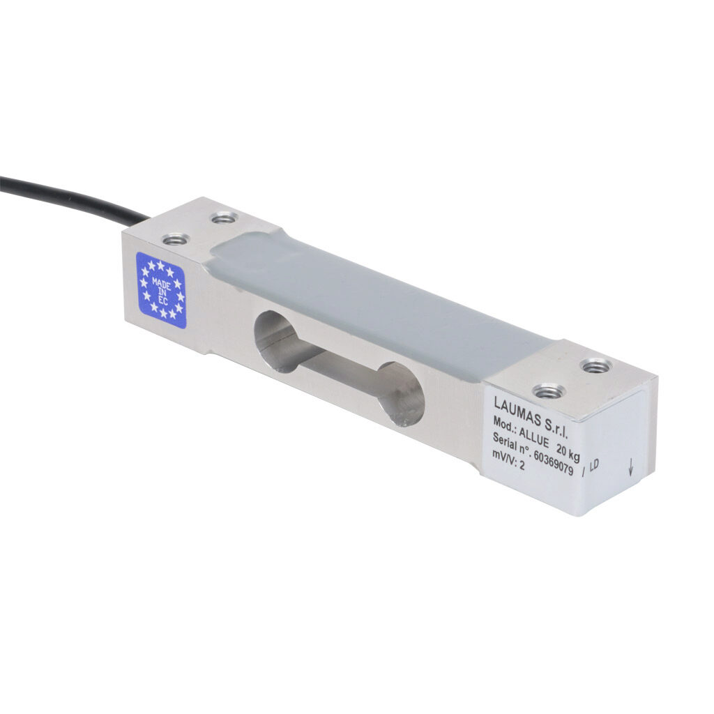 ALLUE20 - Laumas single point load cell, 44 lb/20 kg, +/- 0.02% of full scale accuracy, voltage signal range(s) of 2 mV/V, 3-15 VDC, anodized aluminum alloy, IP65, (4) M6 threaded, 1.6ft/0.5m integral 4-wire shielded cable.