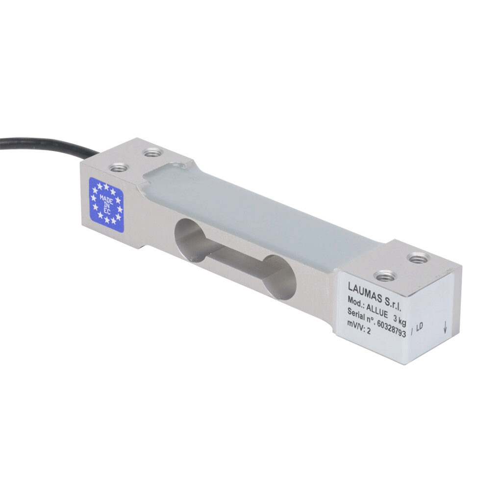 ALLUE3 - Laumas single point load cell, 6.6 lb/3 kg, +/- 0.02% of full scale accuracy, voltage signal range(s) of 2 mV/V, 3-15 VDC, anodized aluminum alloy, IP65, (4) M6 threaded, 1.6ft/0.5m integral 4-wire shielded cable.