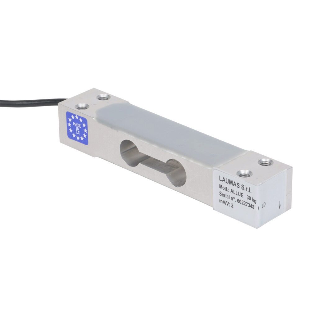 ALLUE30 - Laumas single point load cell, 66 lb/30 kg, +/- 0.02% of full scale accuracy, voltage signal range(s) of 2 mV/V, 3-15 VDC, anodized aluminum alloy, IP65, (4) M6 threaded, 1.6ft/0.5m integral 4-wire shielded cable.