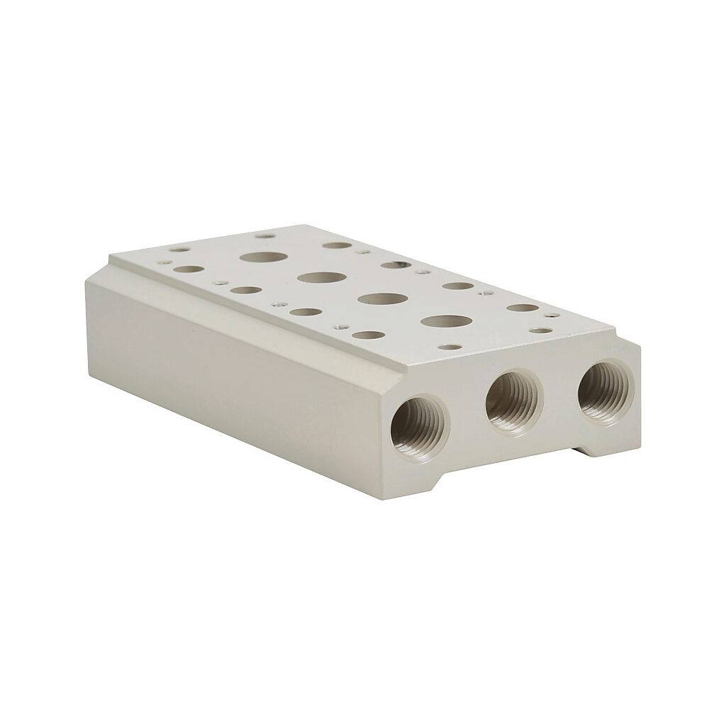 AM-524 - NITRA pneumatic valve manifold, aluminum, off-white, (4) stations, (2) 1/4in female NPT inlet(s), (4) 1/4in female NPT exhaust(s). For use with AVS-52 series directional control valves.
