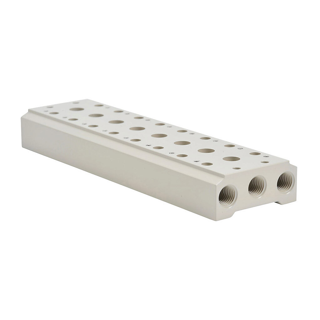 AM-528 - NITRA pneumatic valve manifold, aluminum, off-white, (8) stations, (2) 1/4in female NPT inlet(s), (4) 1/4in female NPT exhaust(s). For use with AVS-52 series directional control valves.