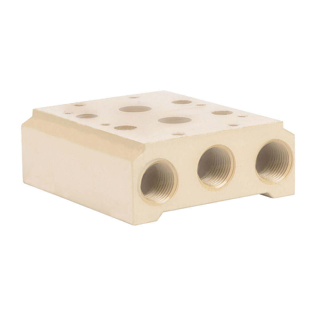 AM-532 - NITRA pneumatic valve manifold, aluminum, off-white, (2) stations, (2) 3/8in female NPT inlet(s), (4) 3/8in female NPT exhaust(s). For use with AVS-53 series directional control valves.
