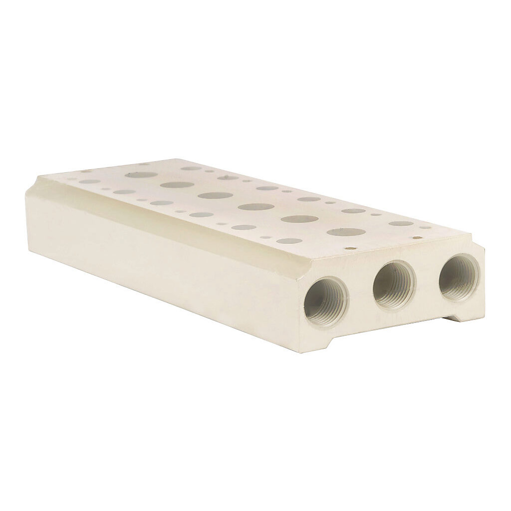 AM-536 - NITRA pneumatic valve manifold, aluminum, off-white, (6) stations, (2) 3/8in female NPT inlet(s), (4) 3/8in female NPT exhaust(s). For use with AVS-53 series directional control valves.