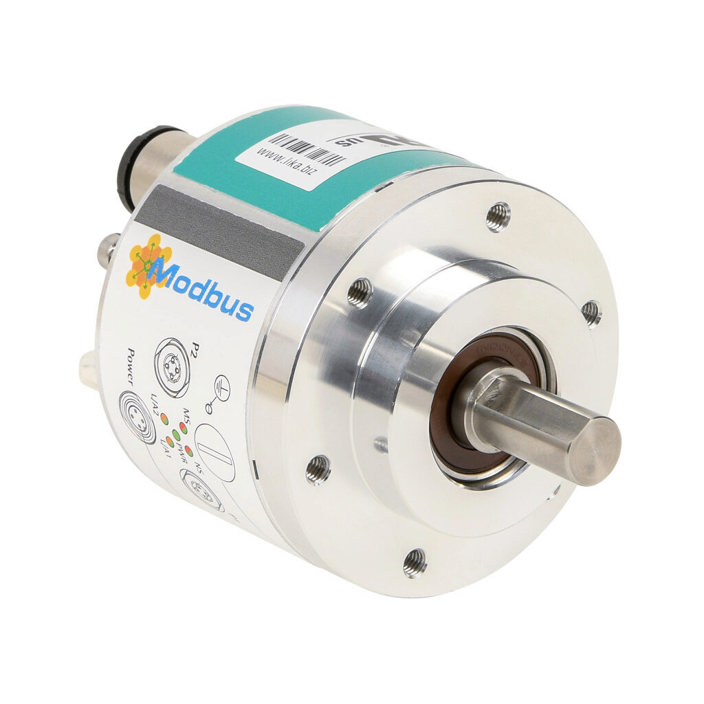AM58S-1314-MTP9-M12 - Lika Electronic AM58 series multi-turn absolute rotary encoder, 5-30 VDC, Modbus TCP output, medium duty, up to 13-bit (8192 ppr)/up to 14-bit turns, 3/8in solid shaft, 58mm diameter body, IP65, axial exit, M12 male.
