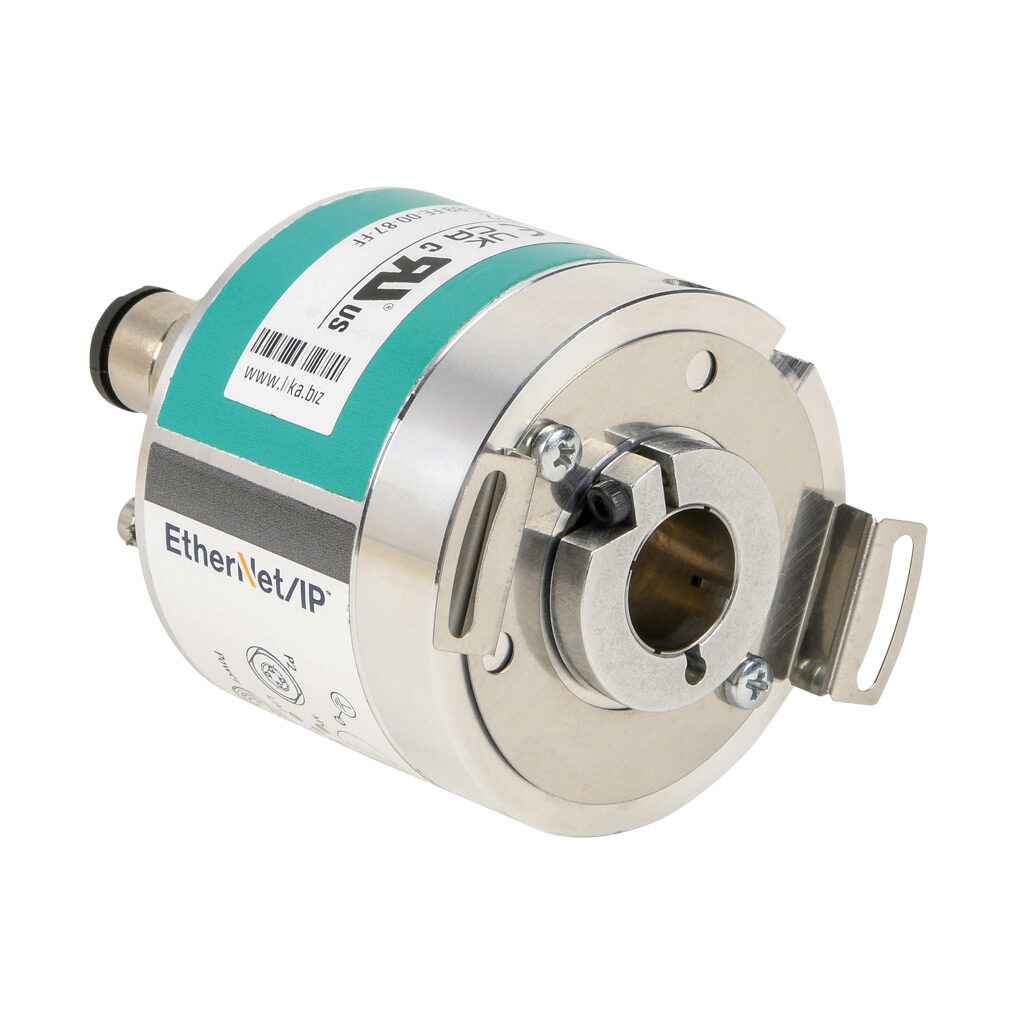 AM59H-1314-EP15-M12 - Lika Electronic AM59 series multi-turn absolute rotary encoder, 5-30 VDC, EtherNet/IP output, medium duty, up to 13-bit (8192 ppr)/up to 14-bit turns, multiple hollow shafts (6mm - 15mm), 58mm diameter body, IP65, axial exit,...