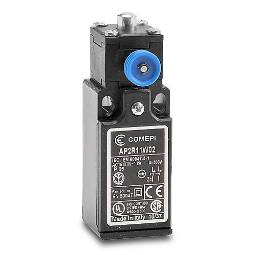 AP2R11W02 - Comepi safety limit switch, stainless steel plunger, (2) N.C. safety output(s), slow action, plastic, (1) PG11 cable entry with 1/2in NPT adapter.