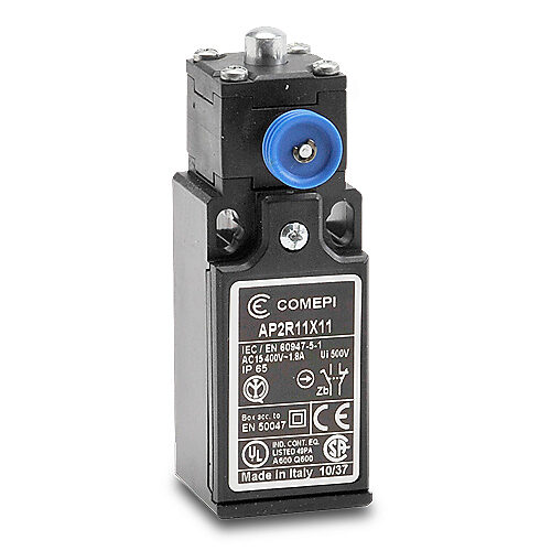 AP2R11X11 - Comepi safety limit switch, stainless steel plunger, (1) N.C. safety output(s), (1) N.O. monitoring output(s), slow action break before make, plastic, (1) PG11 cable entry with 1/2in NPT adapter.