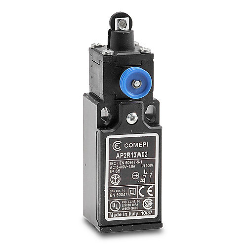 AP2R13W02 - Comepi safety limit switch, metal plunger with nylon roller, (2) N.C. safety output(s), slow action, plastic, (1) PG11 cable entry with 1/2in NPT adapter.
