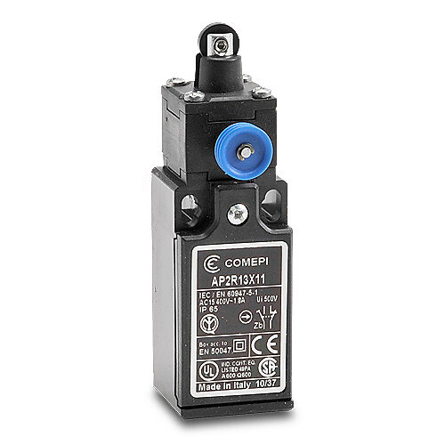 AP2R13X11 - Comepi safety limit switch, metal plunger with nylon roller, (1) N.C. safety output(s), (1) N.O. monitoring output(s), slow action break before make, plastic, (1) PG11 cable entry with 1/2in NPT adapter.