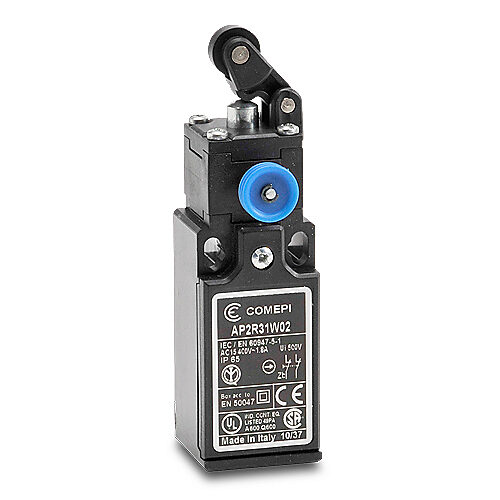 AP2R31W02 - Comepi safety limit switch, one-way horizontal lever with nylon roller, (2) N.C. safety output(s), slow action, plastic, (1) PG11 cable entry with 1/2in NPT adapter.