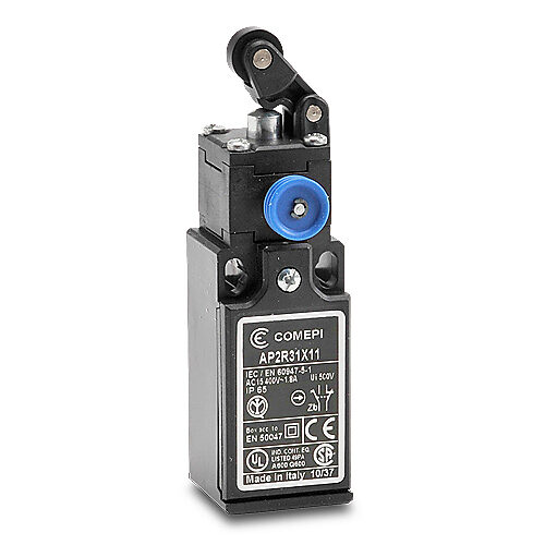 AP2R31X11 - Comepi safety limit switch, one-way horizontal lever with nylon roller, (1) N.C. safety output(s), (1) N.O. monitoring output(s), slow action break before make, plastic, (1) PG11 cable entry with 1/2in NPT adapter.
