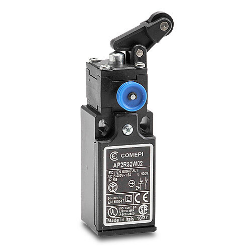 AP2R32W02 - Comepi safety limit switch, one-way vertical lever with nylon roller, (2) N.C. safety output(s), slow action, plastic, (1) PG11 cable entry with 1/2in NPT adapter.