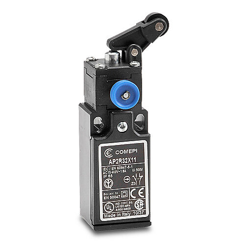 AP2R32X11 - Comepi safety limit switch, one-way vertical lever with nylon roller, (1) N.C. safety output(s), (1) N.O. monitoring output(s), slow action break before make, plastic, (1) PG11 cable entry with 1/2in NPT adapter.