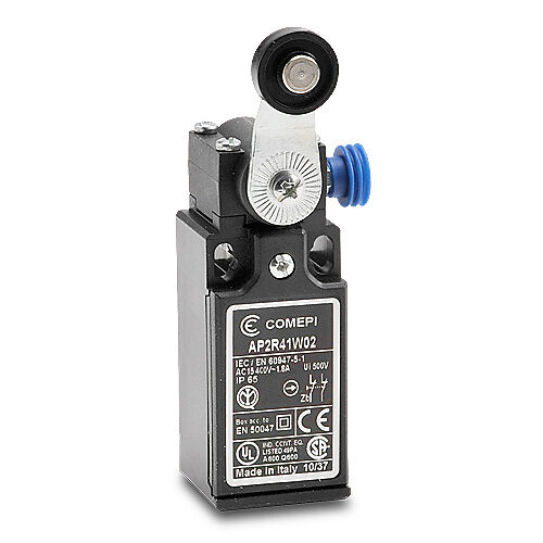 AP2R41W02 - Comepi safety limit switch, side rotary lever with nylon roller, (2) N.C. safety output(s), slow action, plastic, (1) PG11 cable entry with 1/2in NPT adapter.