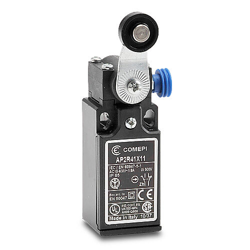 AP2R41X11 - Comepi safety limit switch, side rotary lever with nylon roller, (1) N.C. safety output(s), (1) N.O. monitoring output(s), slow action break before make, plastic, (1) PG11 cable entry with 1/2in NPT adapter.