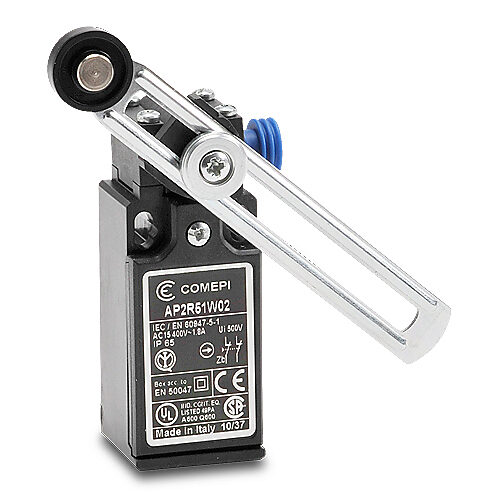 AP2R51W02 - Comepi safety limit switch, side rotary adjustable lever with nylon roller, (2) N.C. safety output(s), slow action, plastic, (1) PG11 cable entry with 1/2in NPT adapter.