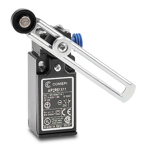 AP2R51X11 - Comepi safety limit switch, side rotary adjustable lever with nylon roller, (1) N.C. safety output(s), (1) N.O. monitoring output(s), slow action break before make, plastic, (1) PG11 cable entry with 1/2in NPT adapter.