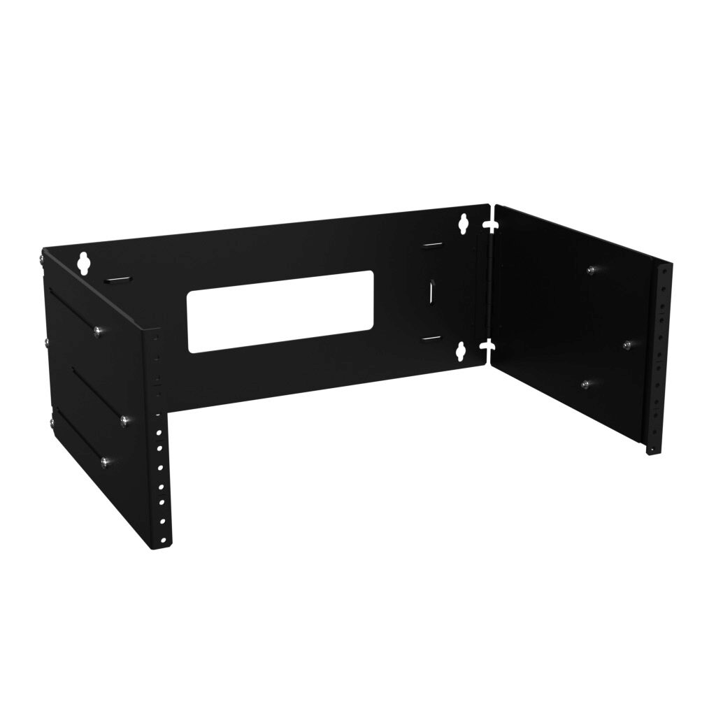 APB19007BK1 - Hammond hinged wall-mount rack, 4U, 19in rack width, 12 to 18in depth, 100lb capacity, carbon steel, black, powder coat finish.