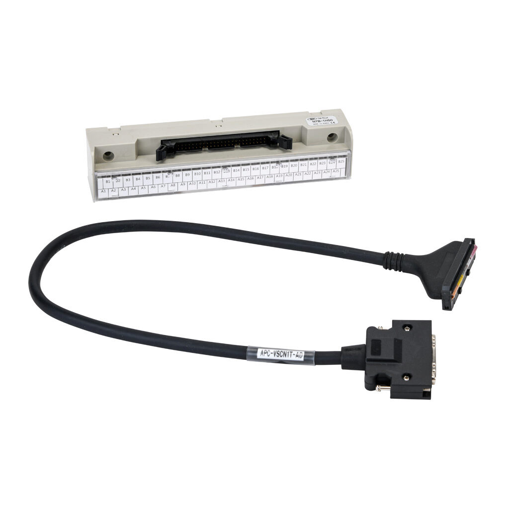 APC-VSCN1T-AD - LS Electric CN1 feedthrough terminal block, 50-pole, DIN rail mount. For use with all LS Electric L7C and L7P series drives. 1.6ft/0.5m control cable included.