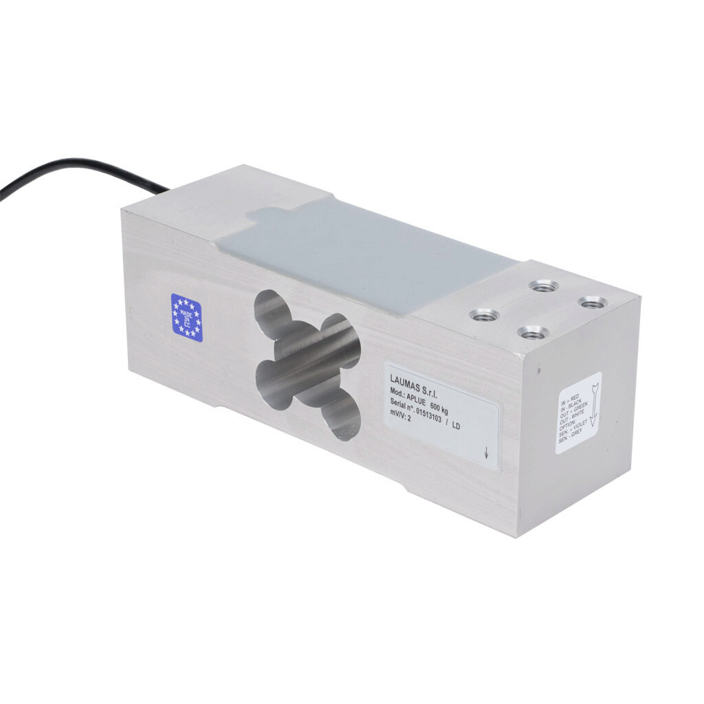 APLUE600 - Laumas single point load cell, 1320 lb/600 kg, +/- 0.02% of full scale accuracy, voltage signal range(s) of 2 mV/V, 3-15 VDC, anodized aluminum alloy, IP65, (8) M8 threaded, 6.5ft/2m integral 4-wire shielded cable.