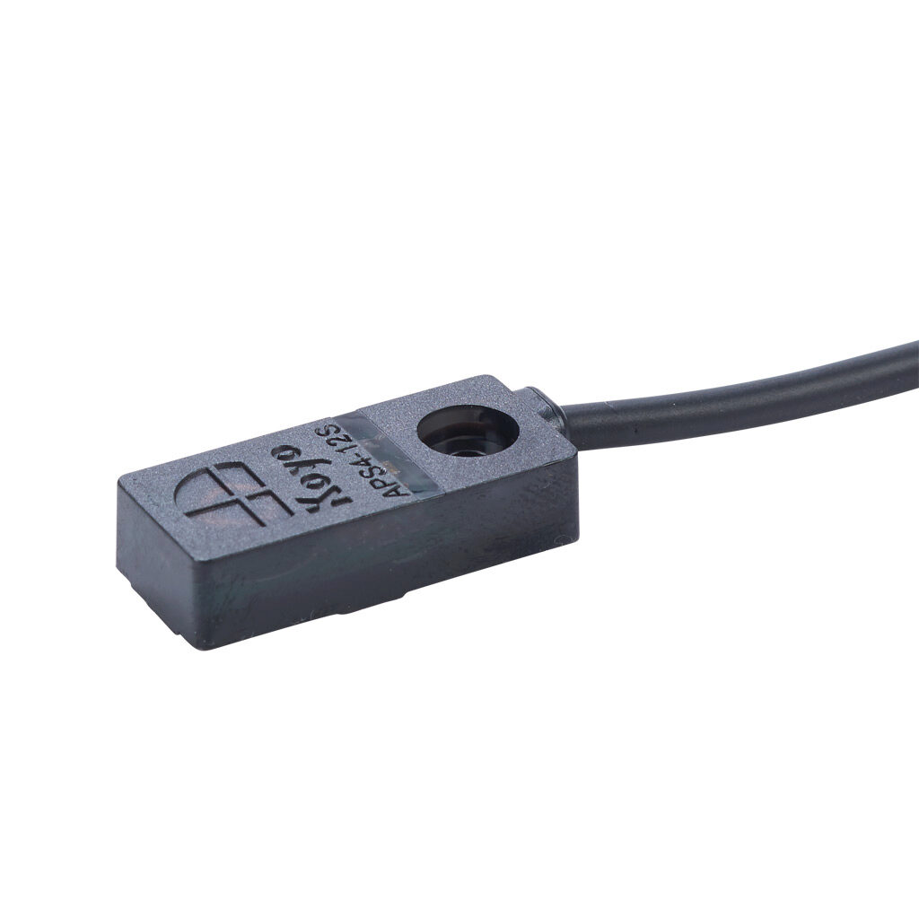 APS4-12S-E-D - JTEKT inductive proximity sensor, rectangular, 12 x 27 x 6.5mm body, polycarbonate housing, top sensing, NPN, N.O. output, 4mm sensing distance, non-flush, 200 Hz switching frequency, IP67, pigtail.