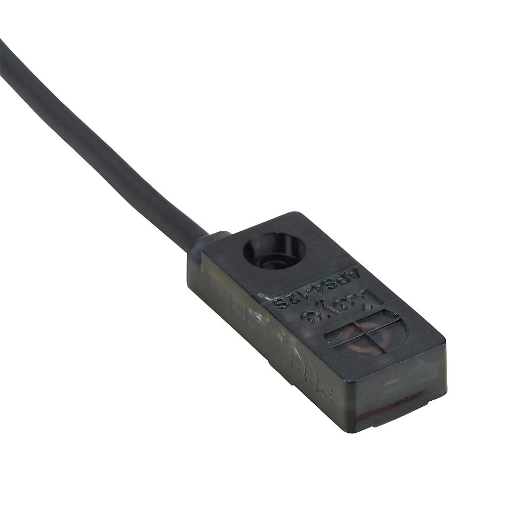 APS4-12S-E1-D - JTEKT inductive proximity sensor, rectangular, 12 x 27 x 7mm body, polycarbonate housing, top sensing, NPN, N.C. output, 4mm sensing distance, non-flush, 200 Hz switching frequency, IP67, pigtail.