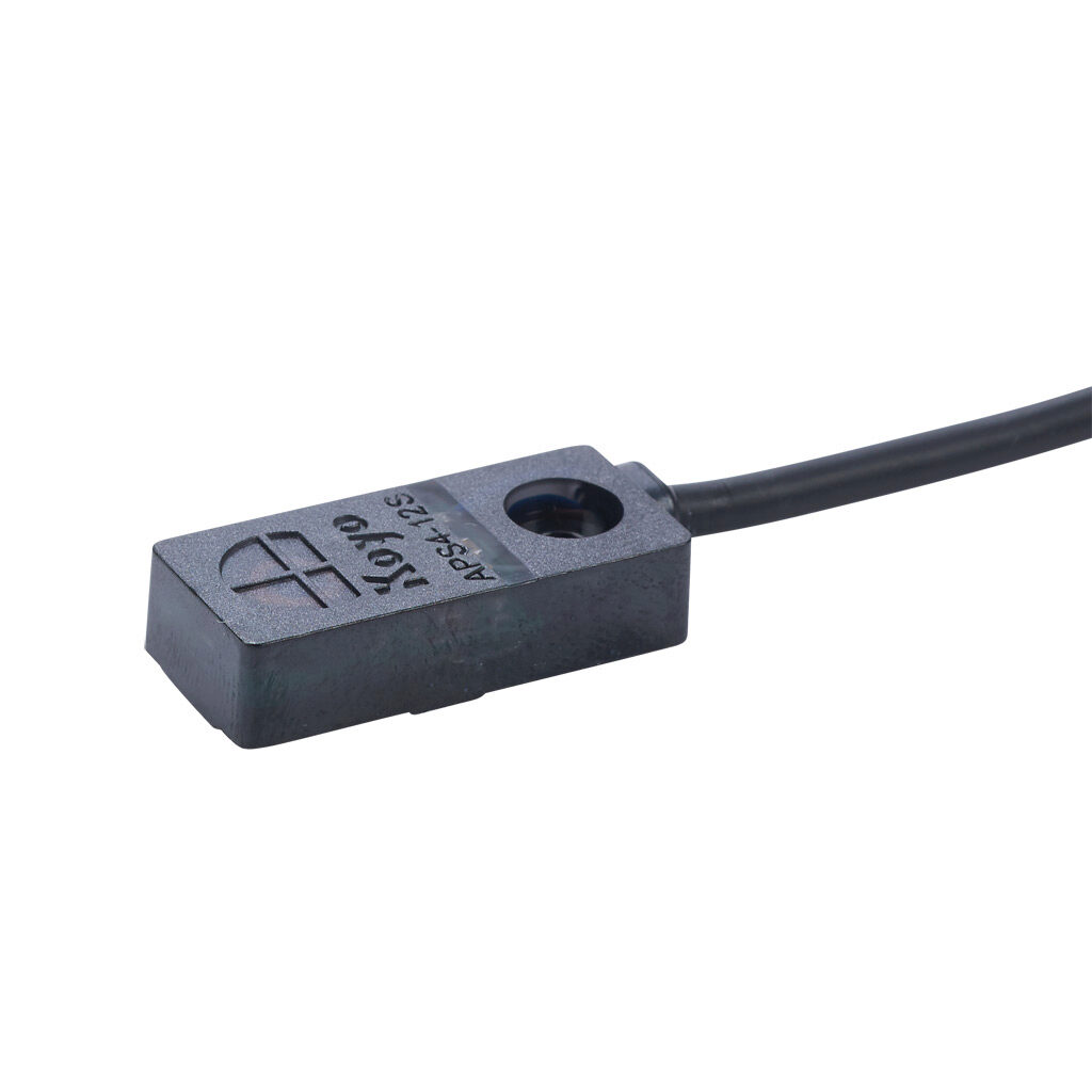 APS4-12S-E2-D - JTEKT inductive proximity sensor, rectangular, 12 x 27 x 6.5mm body, polycarbonate housing, top sensing, PNP, N.O. output, 4mm sensing distance, non-flush, 200 Hz switching frequency, IP67, pigtail.