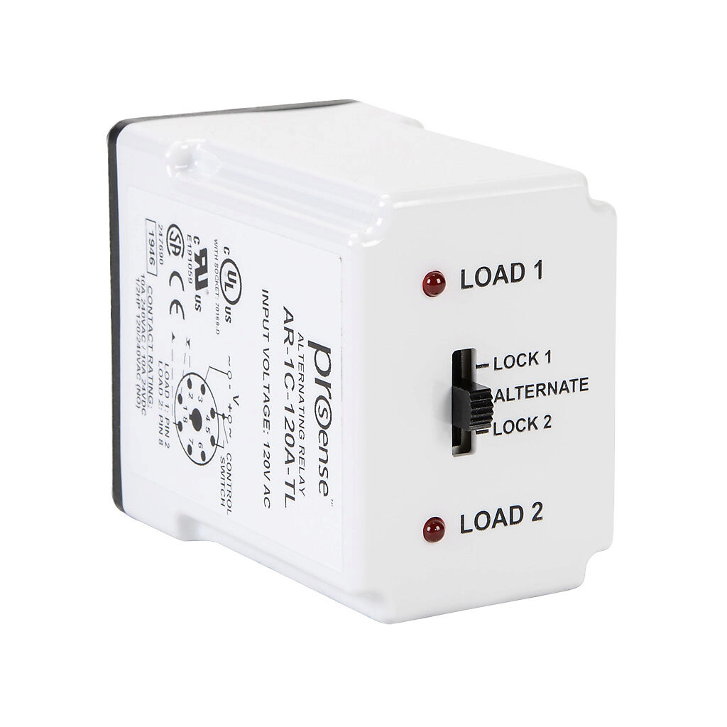 AR-1C-120A-TL - ProSense alternating relay, socket mount, finger-safe, 120 VAC coil voltage, SPDT, (1) N.O., (1) N.C., 10A contact rating, 8-pin, LED indicator(s). Relay becomes UL listed when used with 70169-D relay socket.