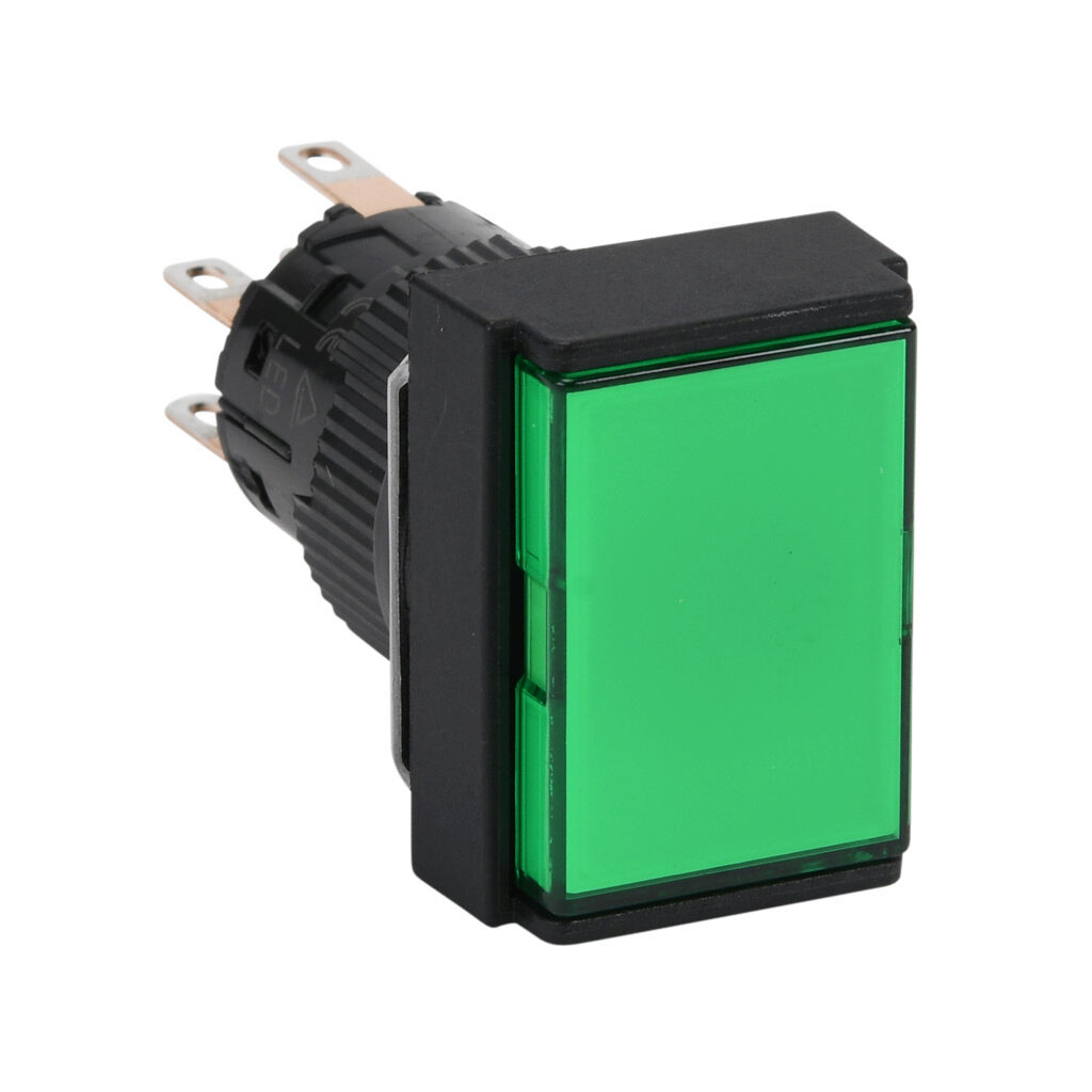 AR16F0N-C2E3G - Fuji Electric pushbutton, IP65, 16mm, momentary, LED illuminated, DPDT contact(s), plastic base, plastic bezel, black, Operator: green, flush, 24mm, rectangular, plastic, 24 VAC/VDC, full voltage.