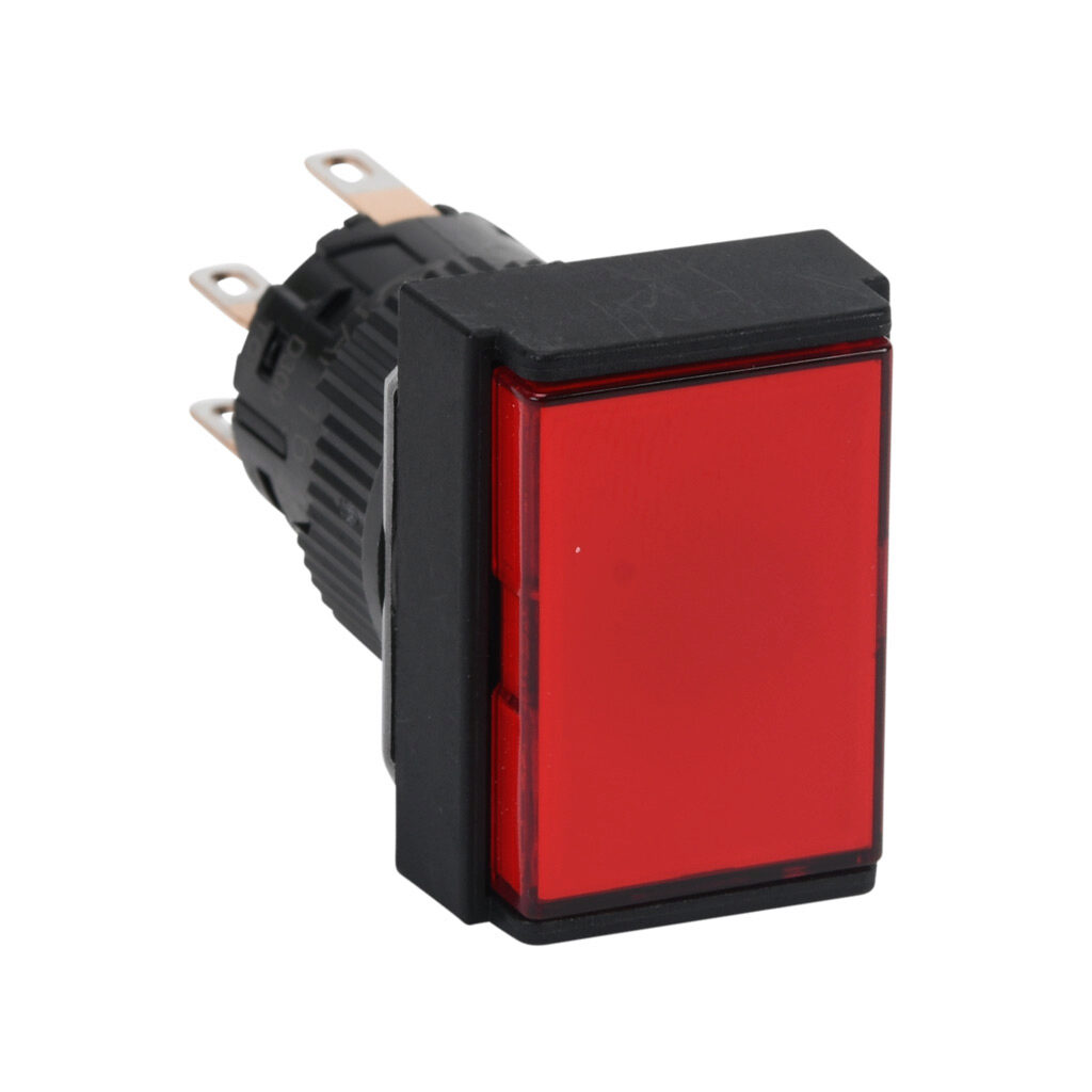 AR16F0N-C2E3R - Fuji Electric pushbutton, IP65, 16mm, momentary, LED illuminated, DPDT contact(s), plastic base, plastic bezel, black, Operator: red, flush, 24mm, rectangular, plastic, 24 VAC/VDC, full voltage.