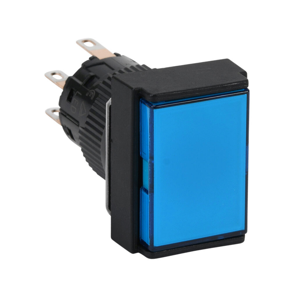 AR16F0N-C2E3S - Fuji Electric pushbutton, IP65, 16mm, momentary, LED illuminated, DPDT contact(s), plastic base, plastic bezel, black, Operator: blue, flush, 24mm, rectangular, plastic, 24 VAC/VDC, full voltage.
