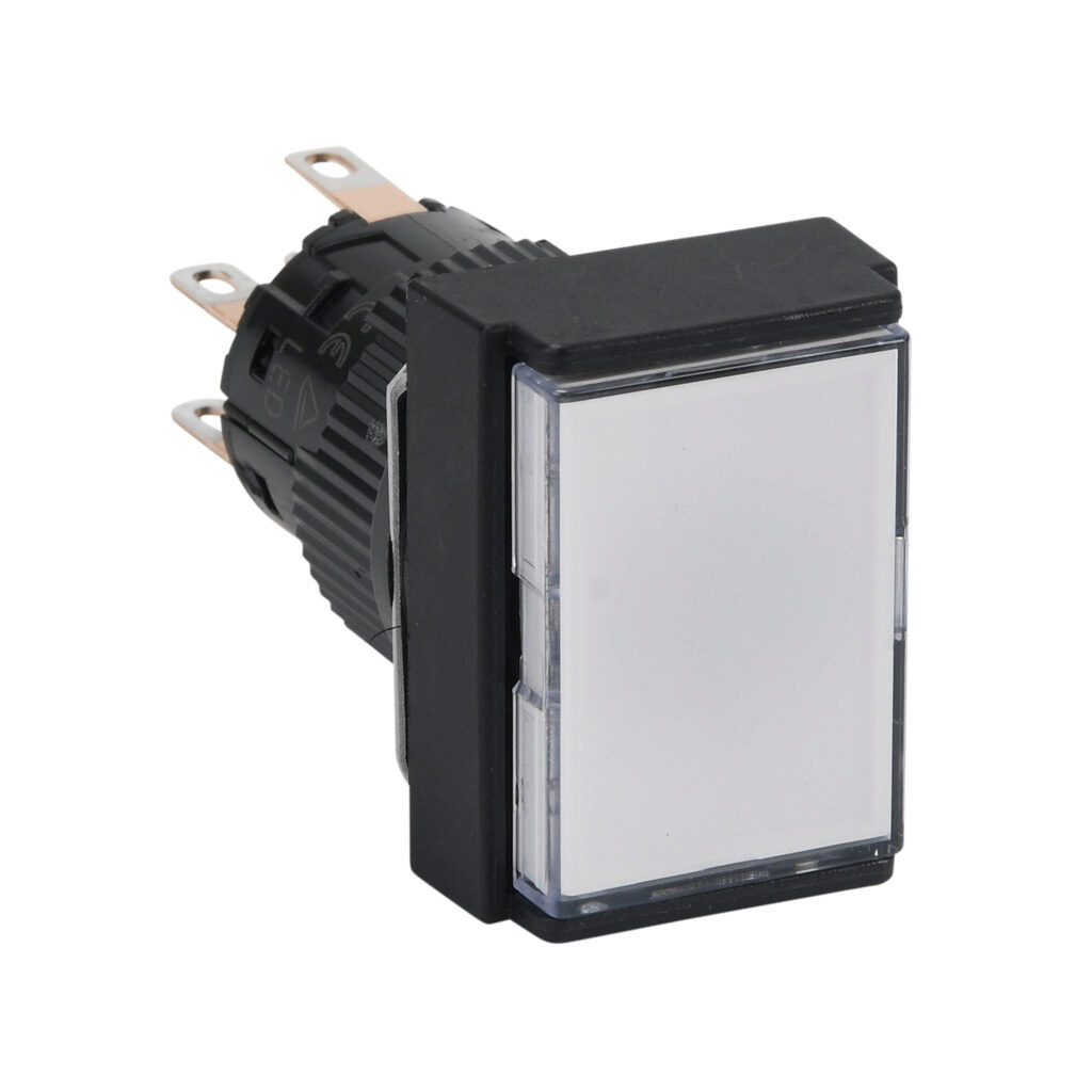 AR16F0N-C2E3W - Fuji Electric pushbutton, IP65, 16mm, momentary, LED illuminated, DPDT contact(s), plastic base, plastic bezel, black, Operator: white, flush, 24mm, rectangular, plastic, 24 VAC/VDC, full voltage.